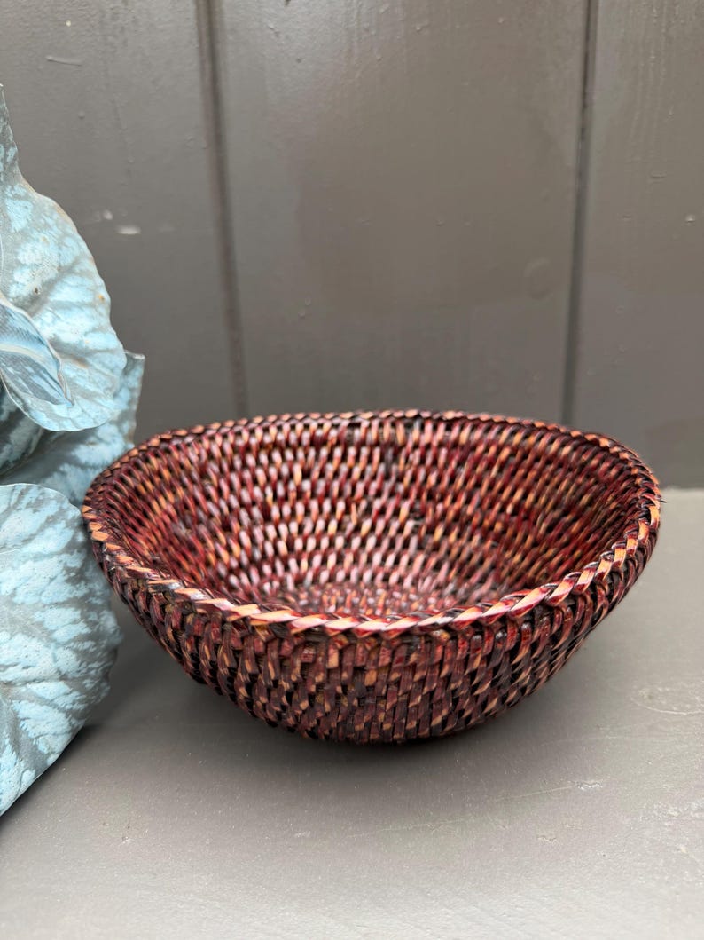 Handwoven Rattan Bowl Basket | Small Boho Catchall Tray, Natural Decor