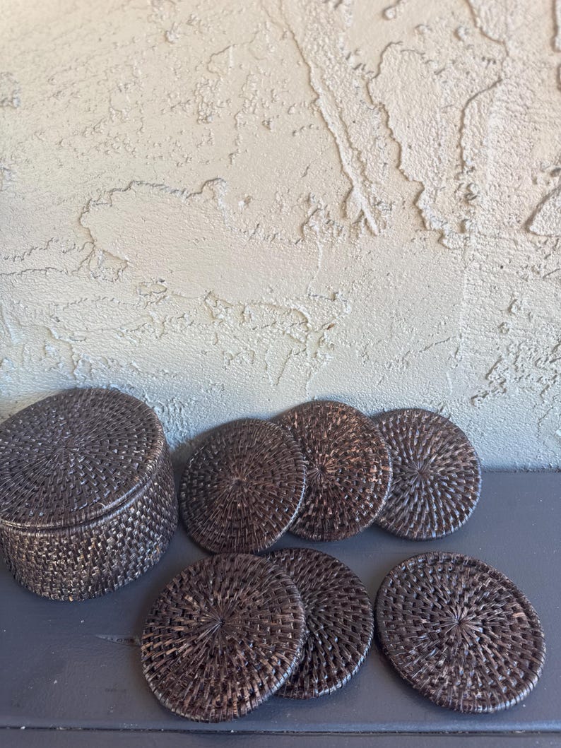 Handwoven Rattan Coasters with Holder, Set of 6, Natural Boho Table Decor