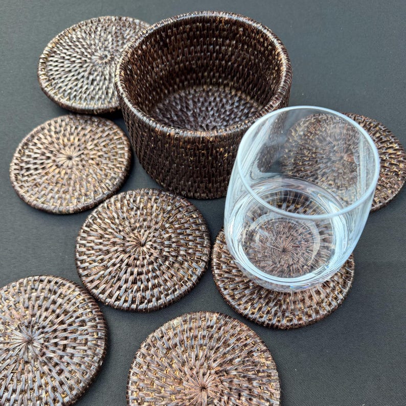 Handwoven Rattan Coasters with Holder, Set of 6, Natural Boho Table Decor