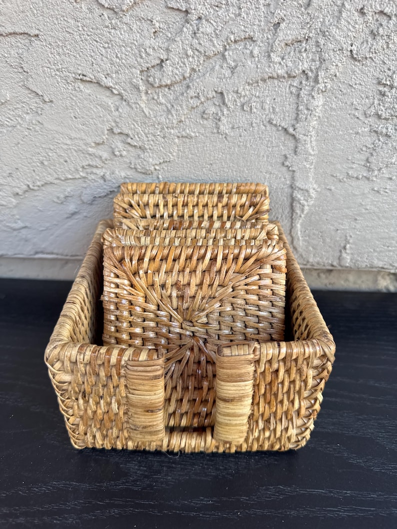 Handmade Square Rattan Coasters - Set of 6 Boho Rustic Style