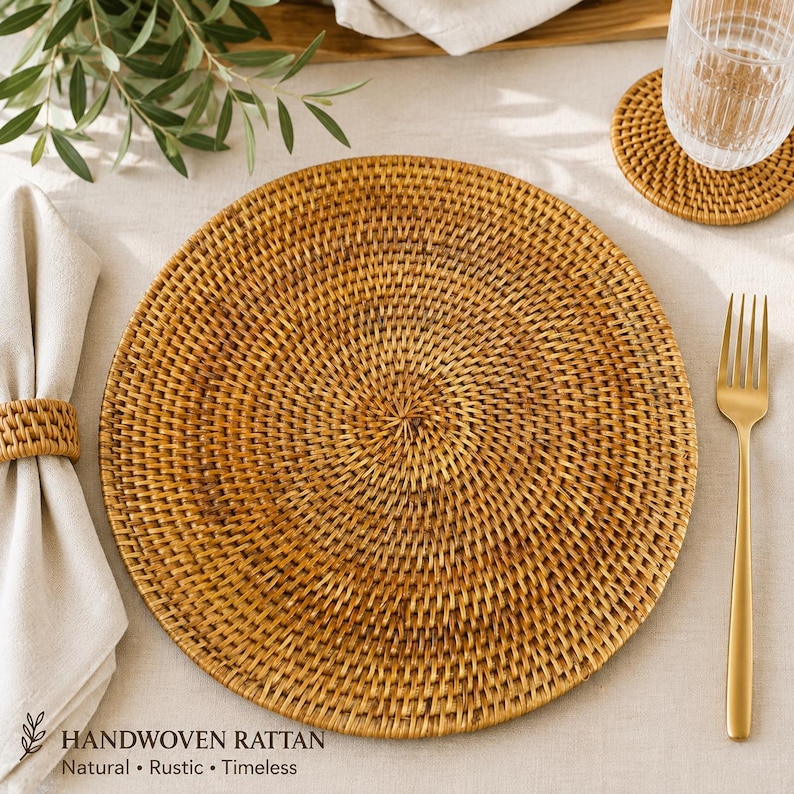 Handwoven Rattan Placemats, Natural Round Woven Table Mats, Set of 4, Boho Dining Decor, Rustic Farmhouse Table Setting