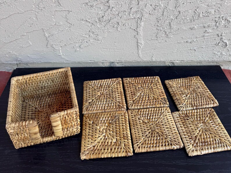 Handmade Square Rattan Coasters - Set of 6 Boho Rustic Style