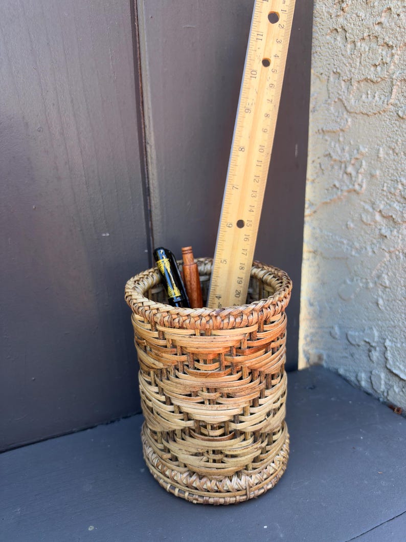 Handwoven Rattan Pencil Holder, Rustic Wicker Desk Organizer, Natural Woven Storage Basket, Boho Office Decor, Handmade Gift