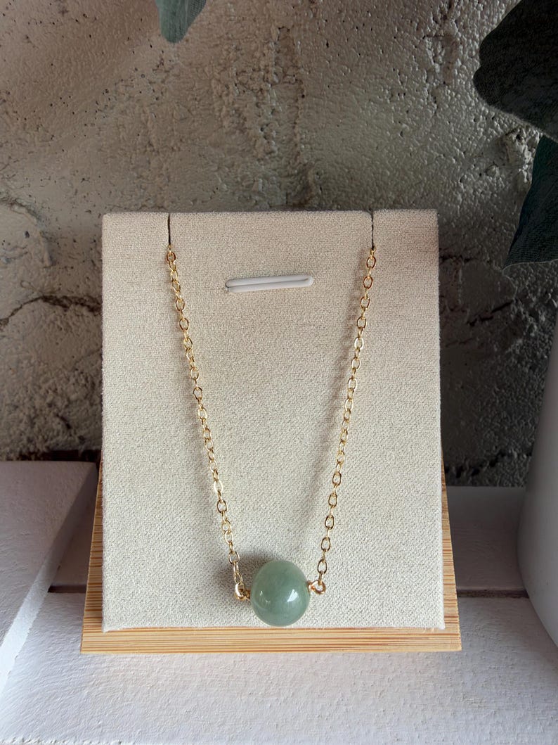 Natural Burmese Jade Bead Necklace, Dainty Gold Chain, Minimalist Jewelry