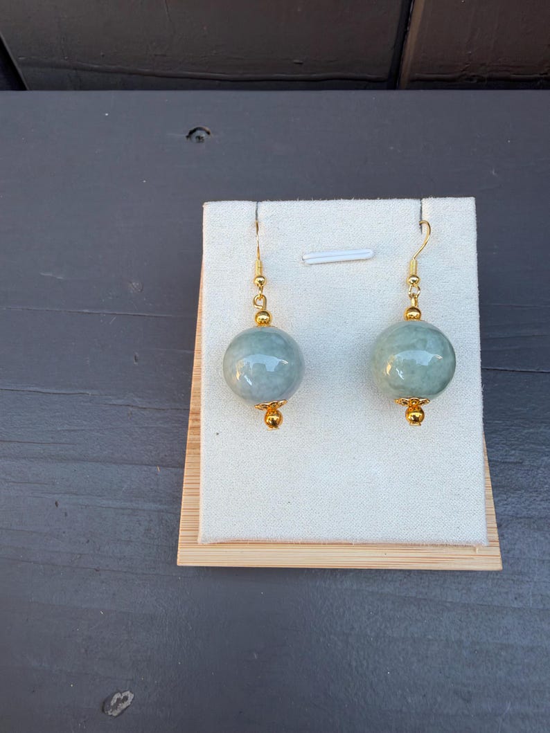 Handcrafted Natural Burmese Jade Drop Earrings, Gold Tone Accents (13mm Beads)
