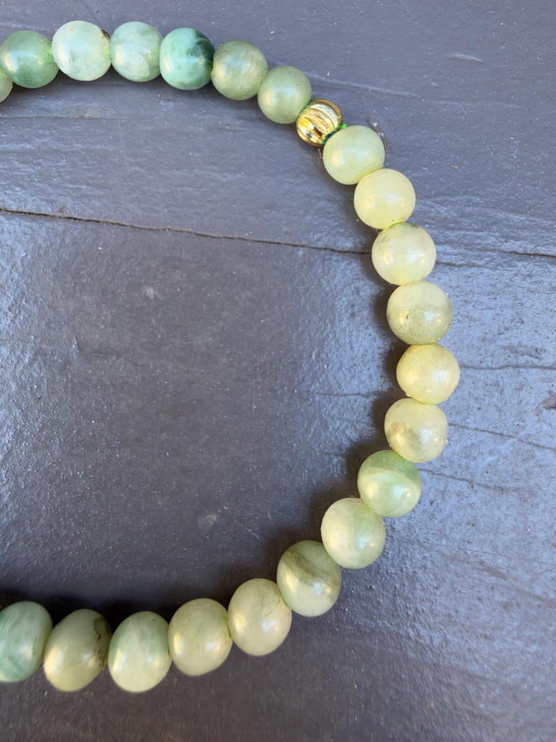 Natural Burmese Jade Bead Bracelet, 7mm Green Stone, Gold Accent