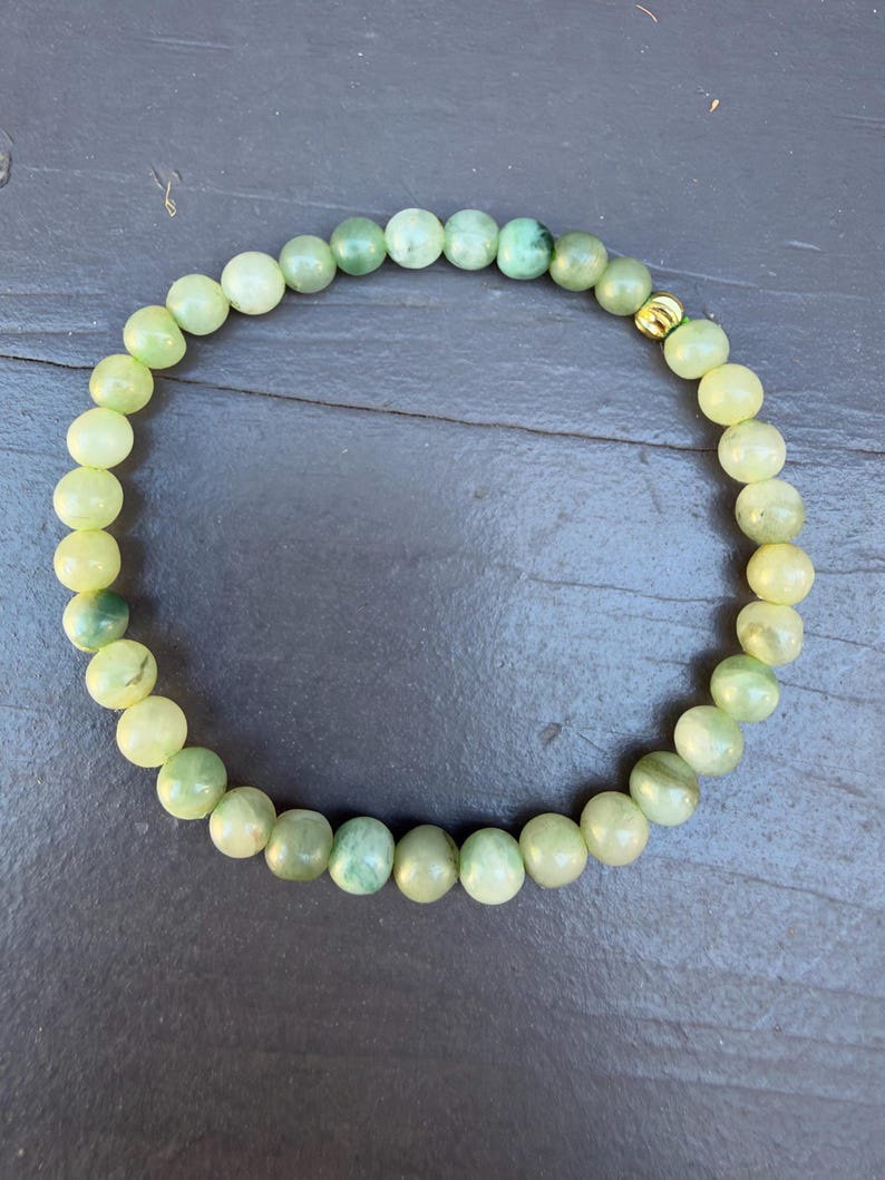 Natural Burmese Jade Bead Bracelet, 7mm Green Stone, Gold Accent