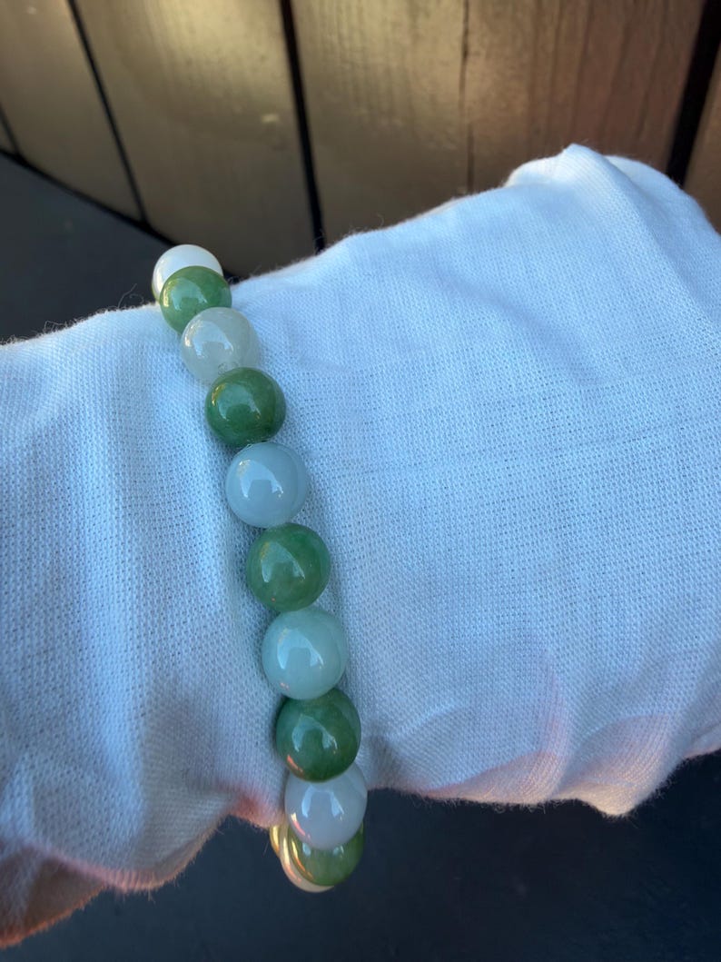 Natural Burmese Jade Bracelet, Two-Tone Green Beads, 8mm Center (Stretch)