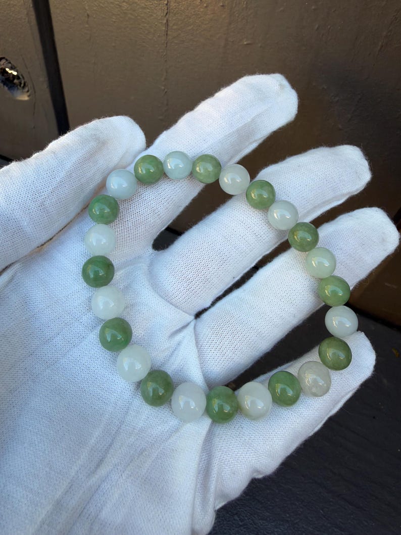 Natural Burmese Jade Bracelet, Two-Tone Green Beads, 8mm Center (Stretch)