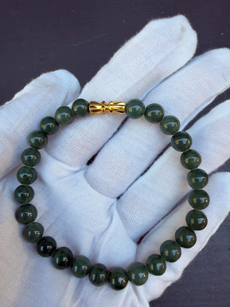 Natural Burmese Jade Bracelet, 7mm Dark Green Beads, Gold Accent