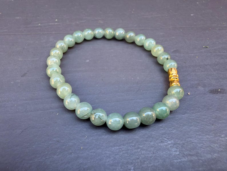 Natural Burmese Jade Bead Bracelet, 7mm Light Green, Gold Accent