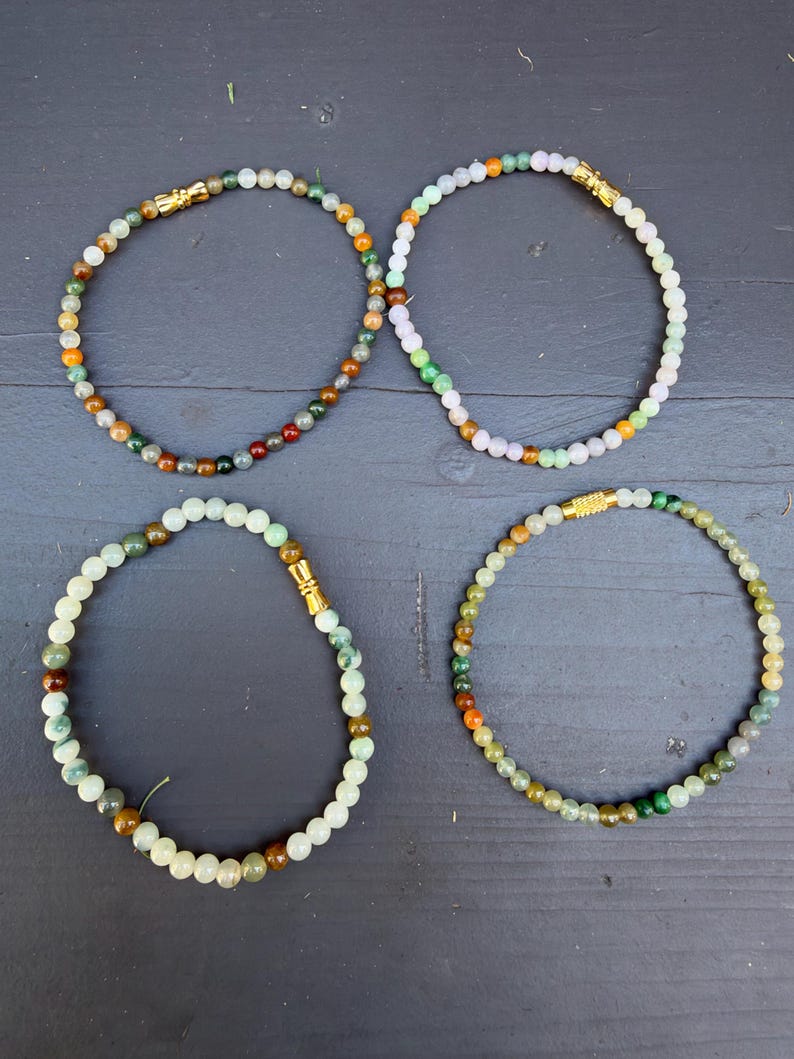 Natural Burmese Jade Beaded Stretch Bracelet, 3mm Dainty Green Jade Jewelry