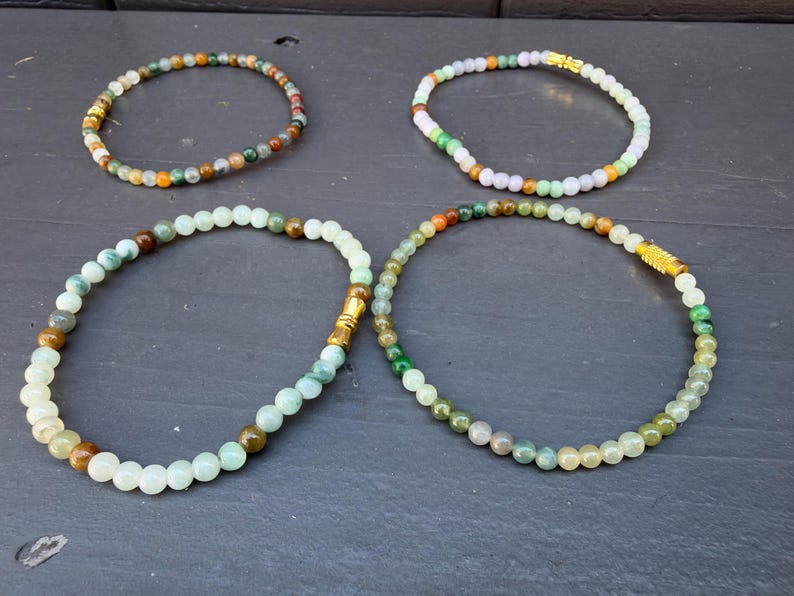 Natural Jade Beaded Stretch Bracelet, 3mm Dainty Green Multicolor Jewelry (Gold Accent)