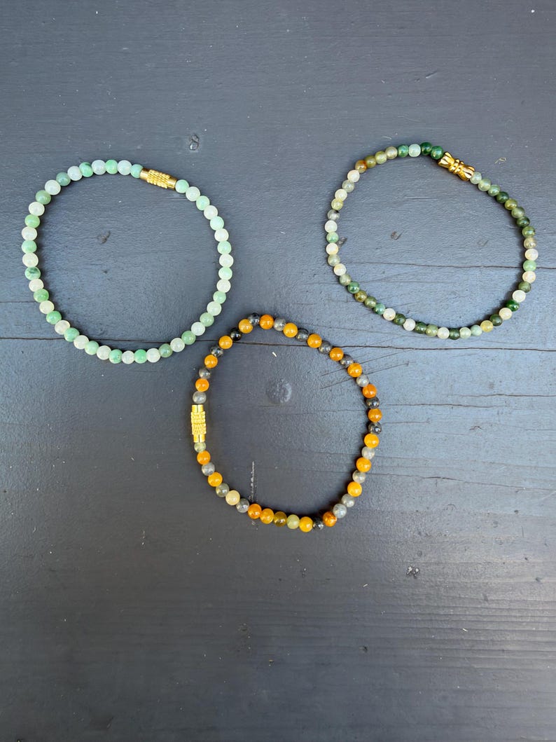 Natural Jade Beaded Stretch Bracelet, 3mm Dainty Green Multicolor Jewelry (Gold Accent)
