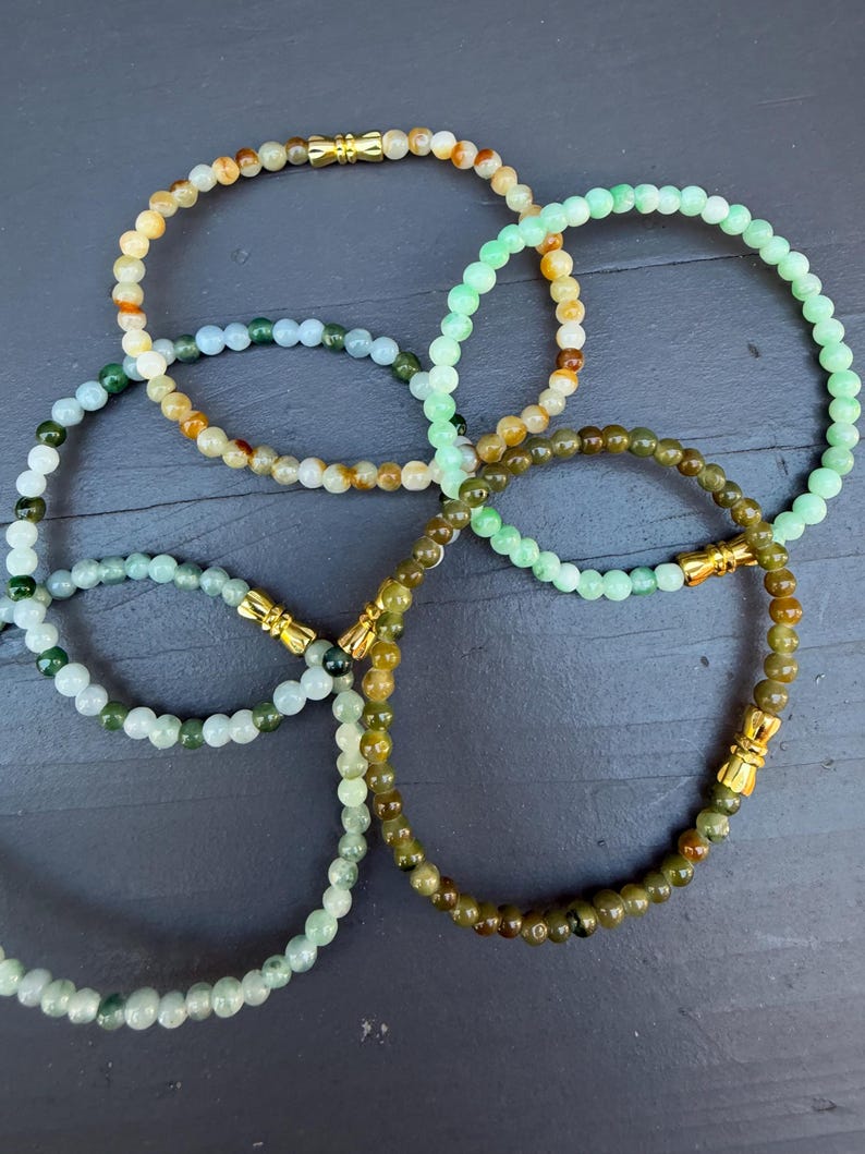 Natural Jade Beaded Stretch Bracelet, 3mm Dainty Green Multicolor Jewelry, Gold Accent