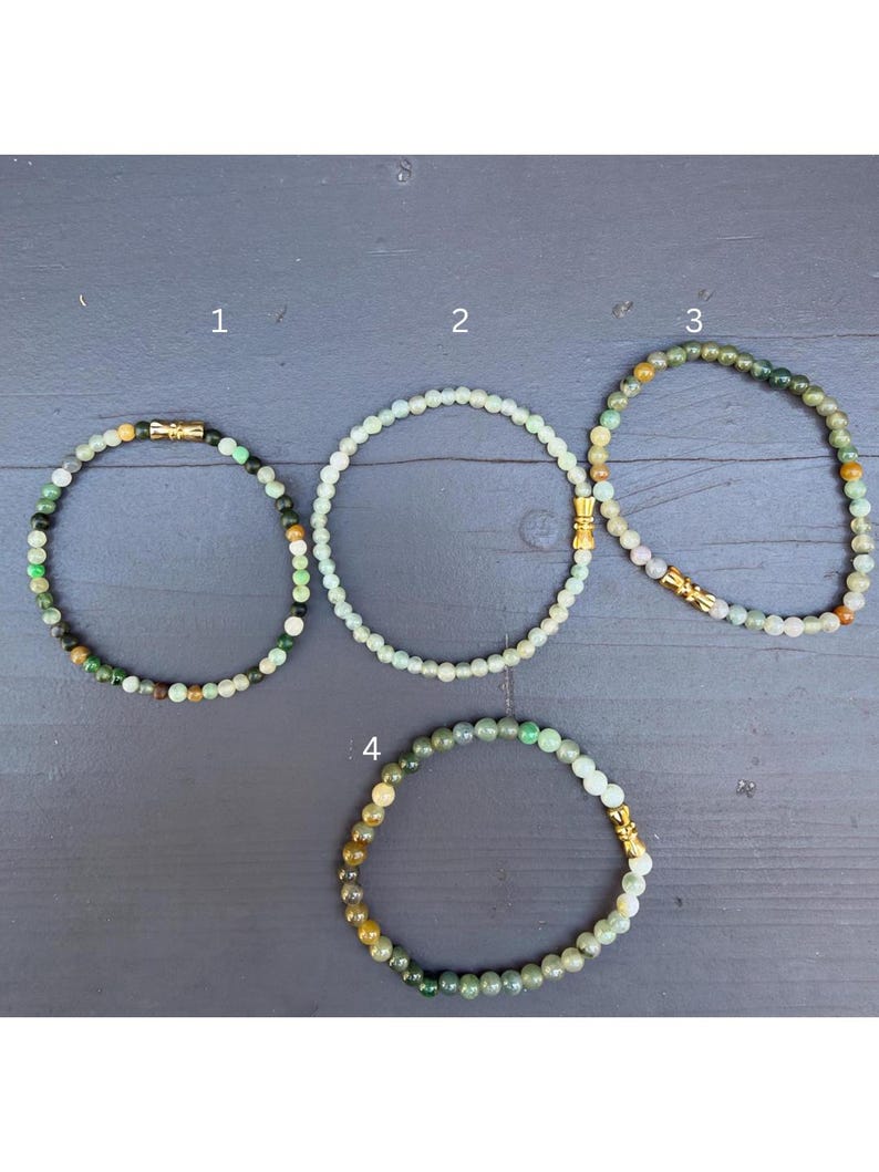 Natural Jade Beaded Stretch Bracelet, 3mm Dainty Green Multicolor Jewelry, Gold Accent