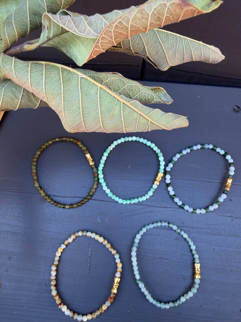 Natural Jade Beaded Stretch Bracelet, 3mm Dainty Green Jewelry, Gold Accent