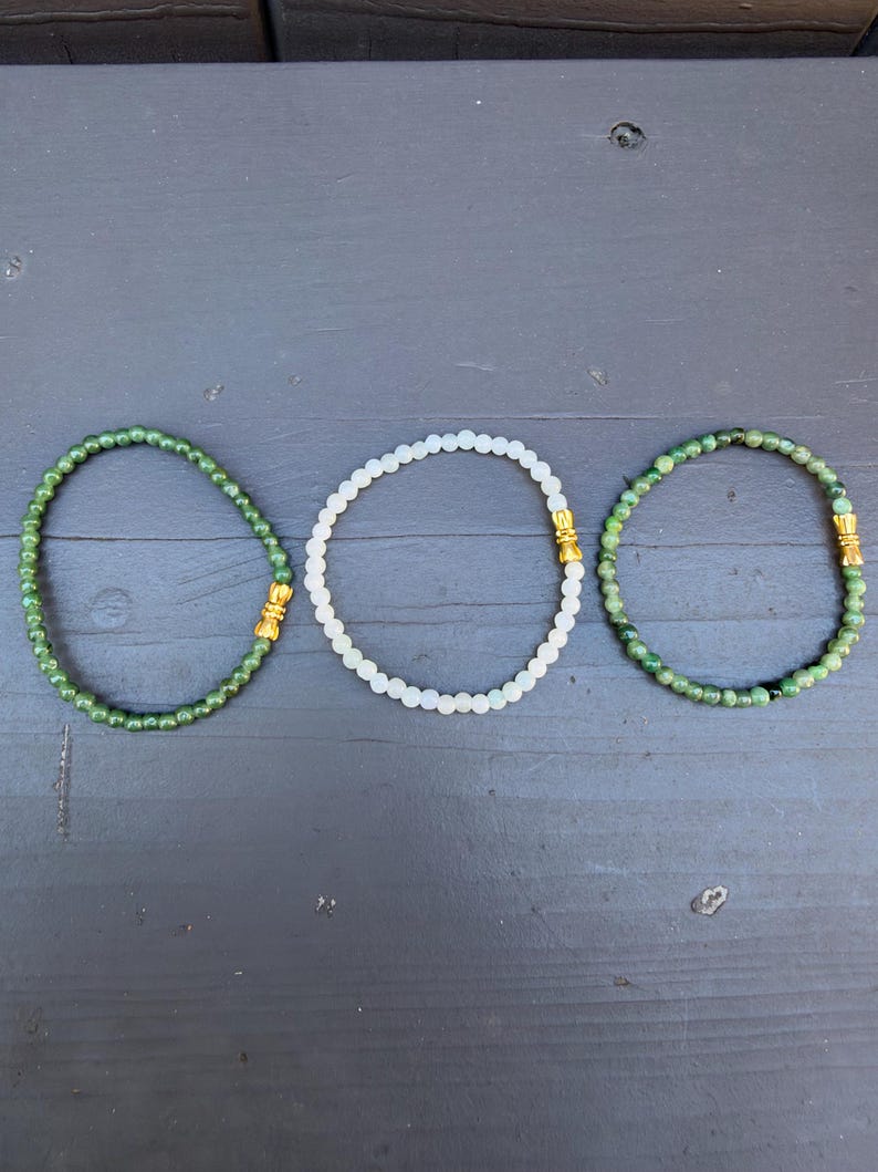 Natural Jade Beaded Stretch Bracelet, 3mm Dainty Green Jewelry, Gold Accent