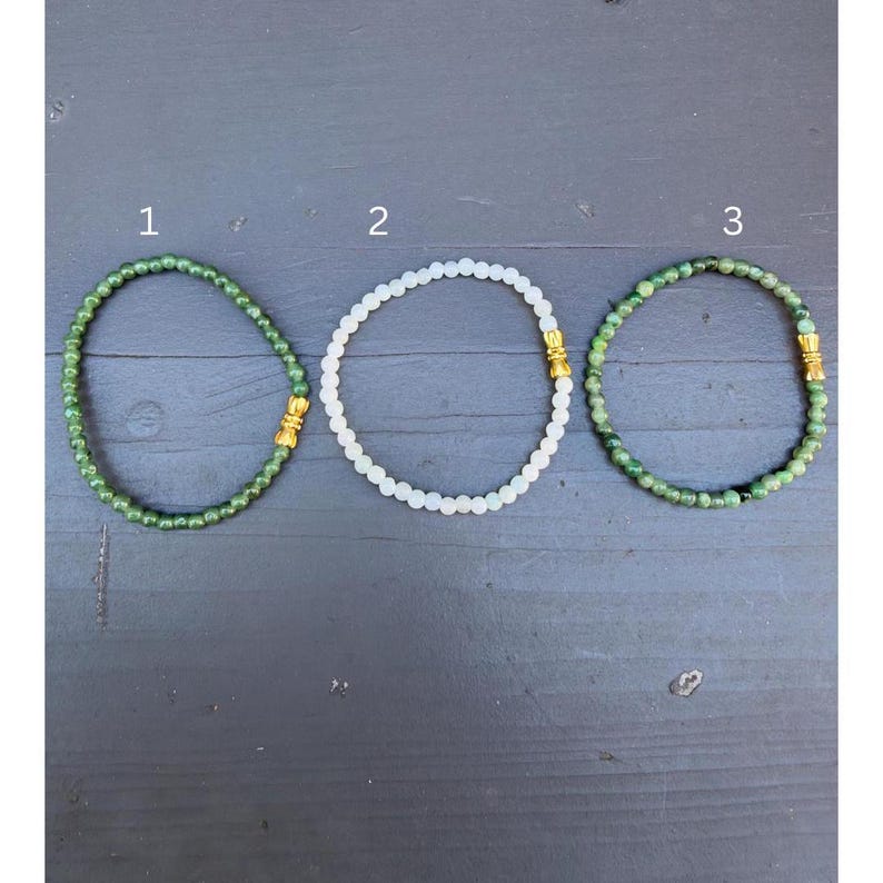 Natural Jade Beaded Stretch Bracelet, 3mm Dainty Green Jewelry, Gold Accent