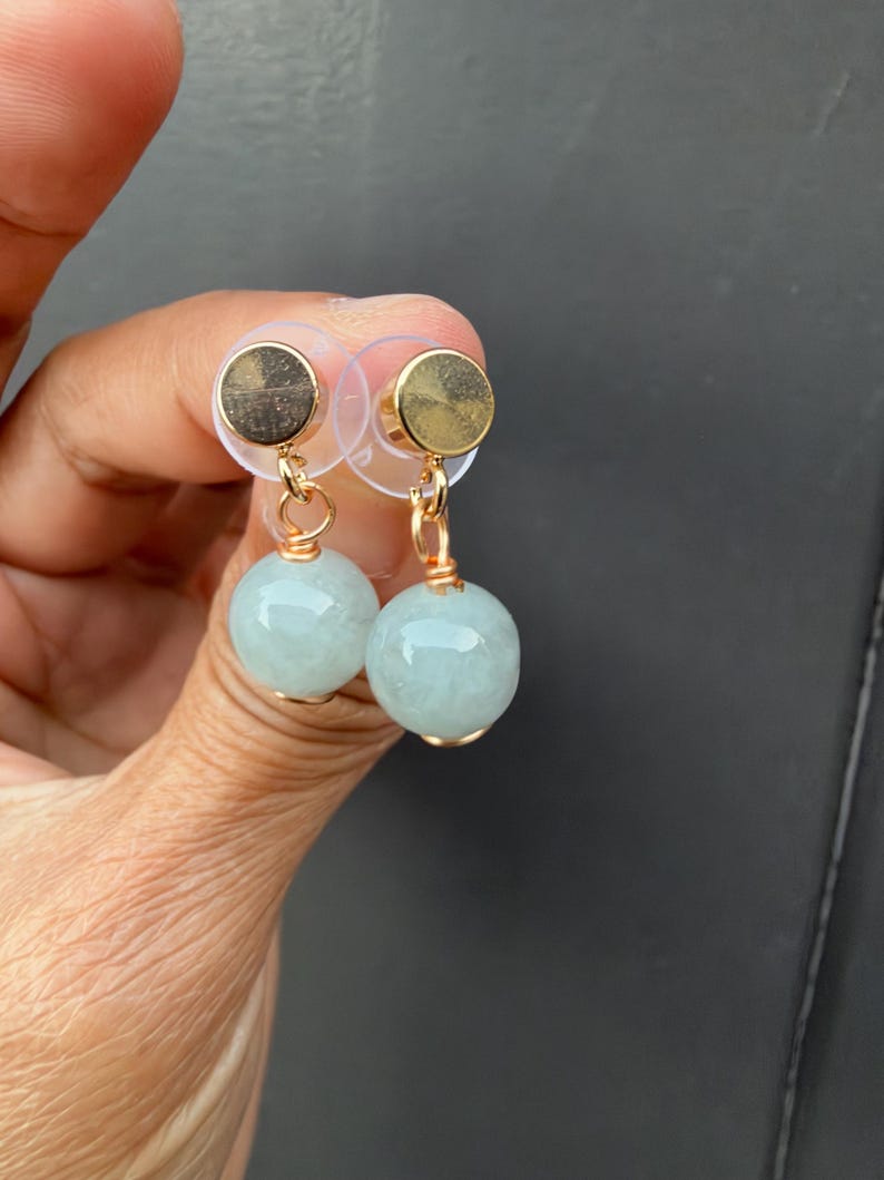 Handmade Natural Light Green Jade Bead Drop Earrings, Gold Tone Studs, Minimalist Jewelry