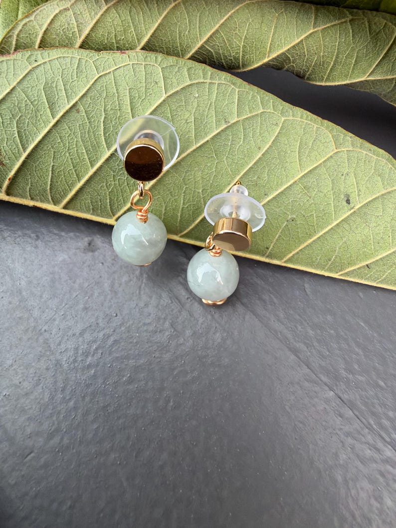 Handmade Natural Light Green Jade Bead Drop Earrings, Gold Tone Studs, Minimalist Jewelry