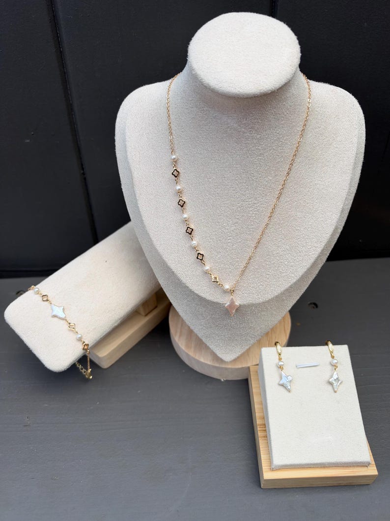 Cultured Pearl Jewelry Set, White Pearl Clover Necklace, Bracelet and Earrings, Gold Tone Handmade Gift for Her