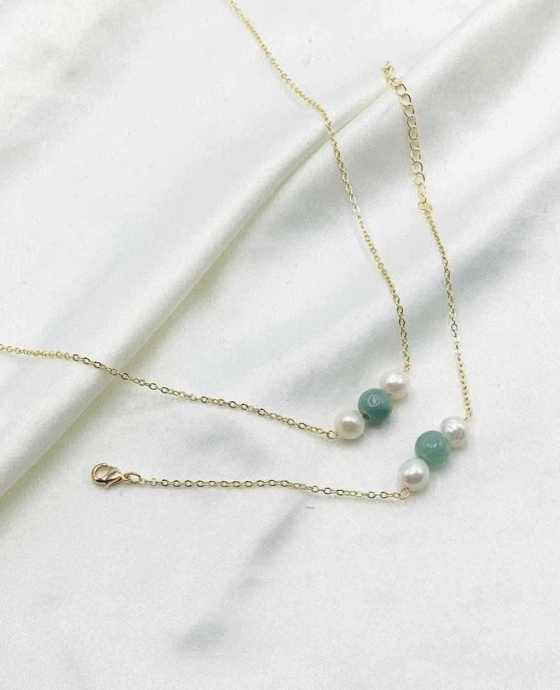 Sage Green Jade Pearl Necklace Bracelet Set, Gold Tone, Minimalist Jewelry