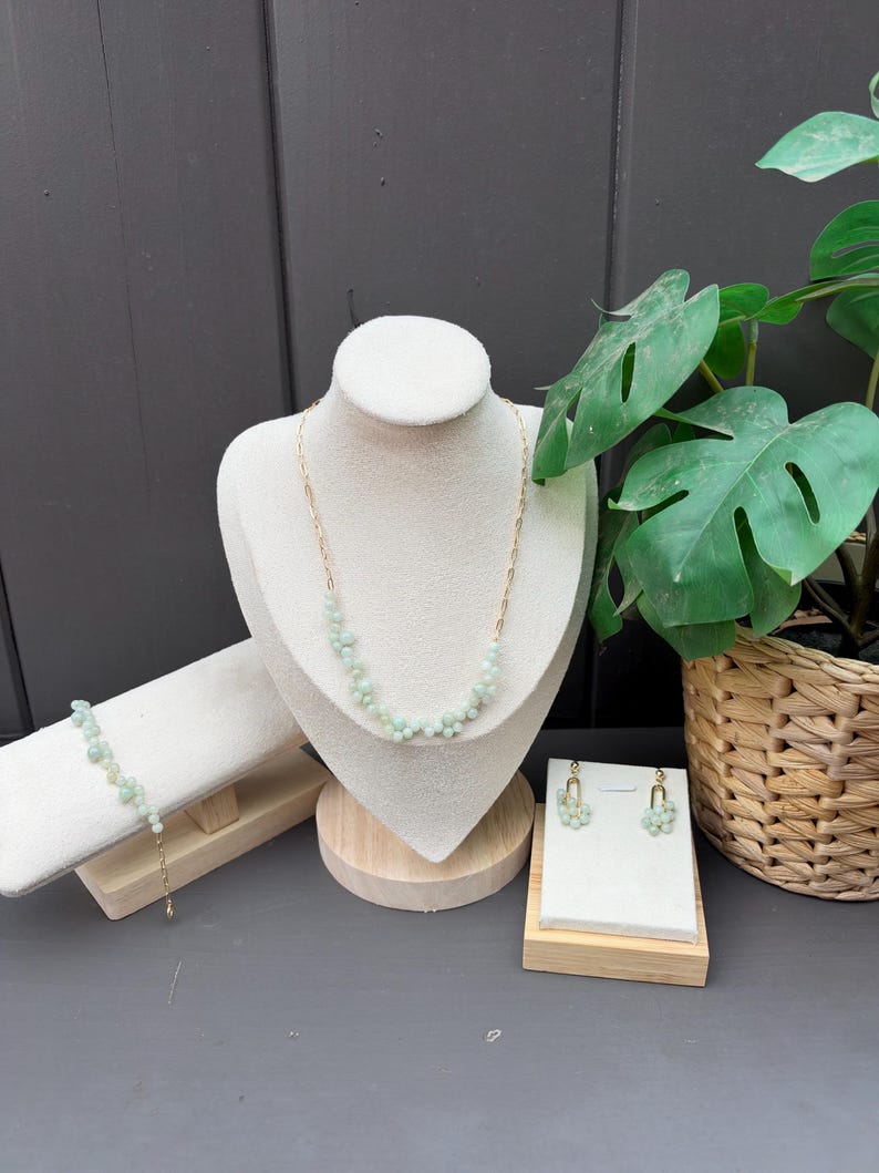 Natural Light Green Jade Beaded Jewelry Set, Gold Tone Necklace, Bracelet, Earrings (3 Piece)