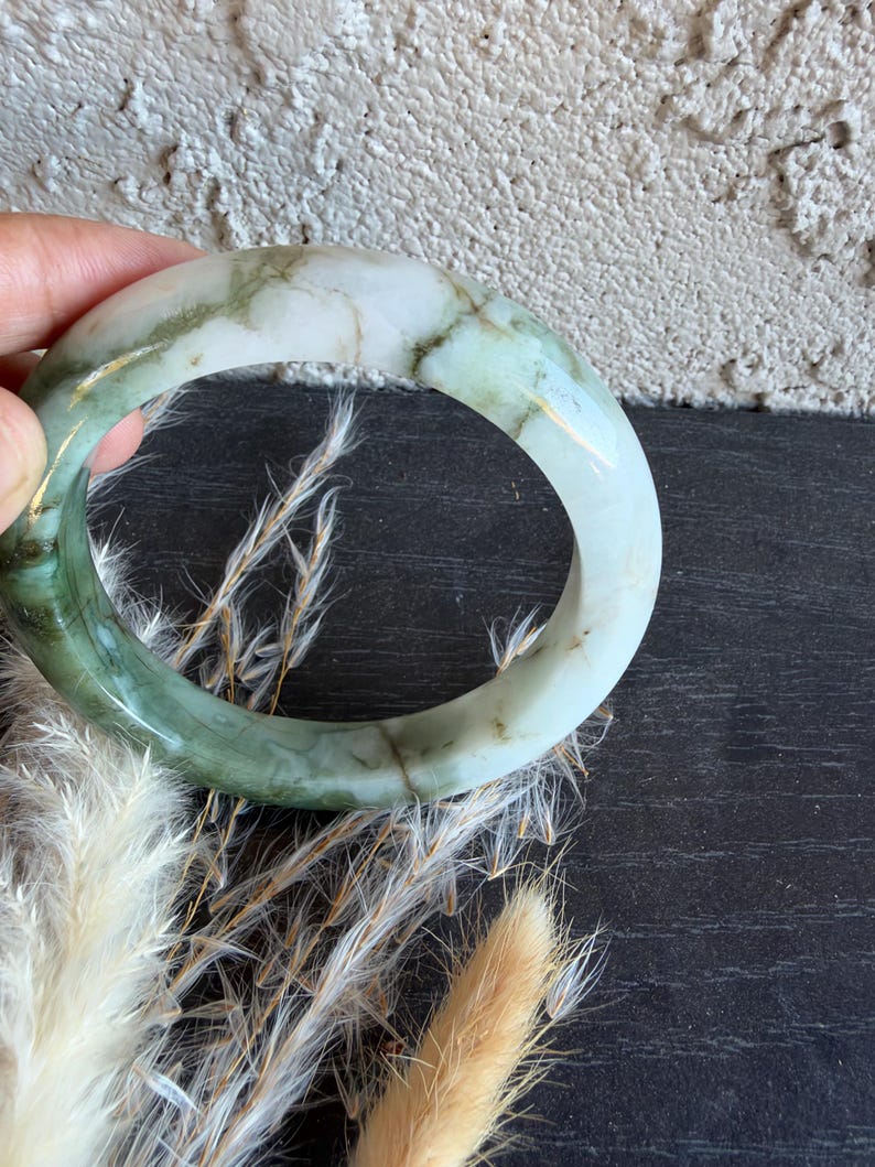 Two-Tone Green White Jade Bangle Bracelet, Polished Stone Jewelry (62mm)