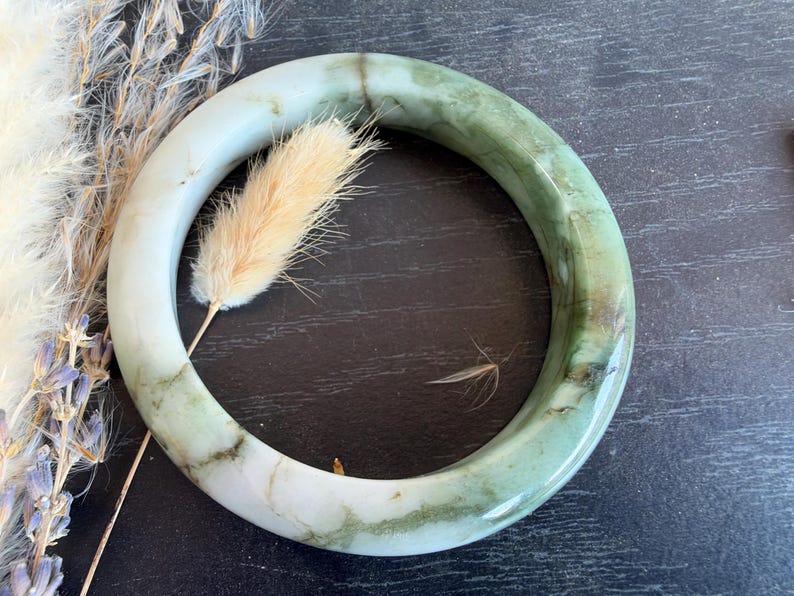 Two-Tone Green White Jade Bangle Bracelet, Polished Stone Jewelry (62mm)