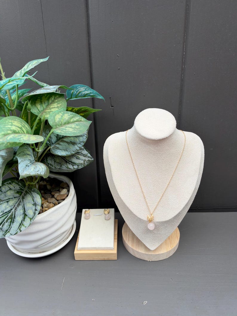 Rose Quartz Necklace & Earrings Set, Gold Leaf Accents, Pink Gemstone Jewelry