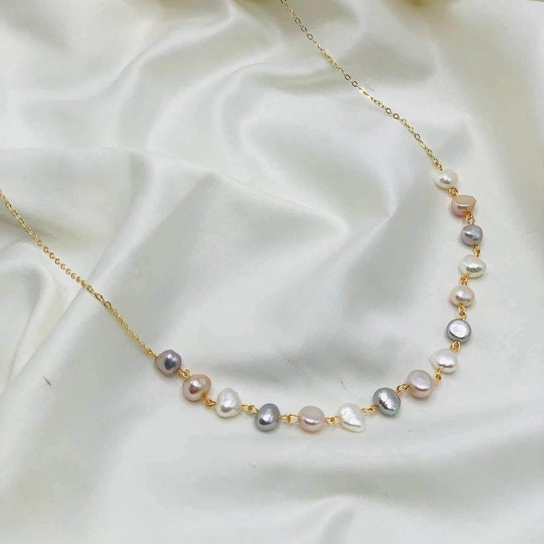 Multicolor Cultured Pearl Necklace, Pink White Lavender Gray Pearls, Gold Chain