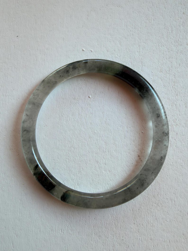 Natural Albite Bangle Bracelet, 60 mm, Translucent Gray Stone with Dark Inclusions