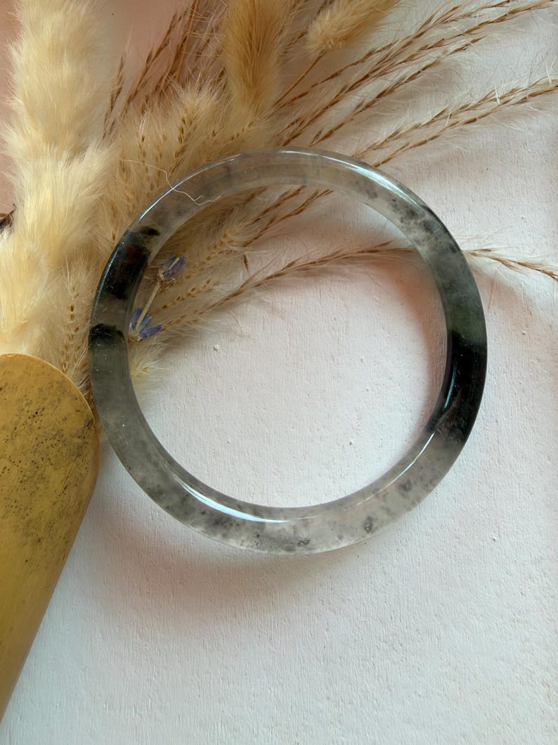 Natural Albite Bangle Bracelet, 60 mm, Translucent Gray Stone with Dark Inclusions
