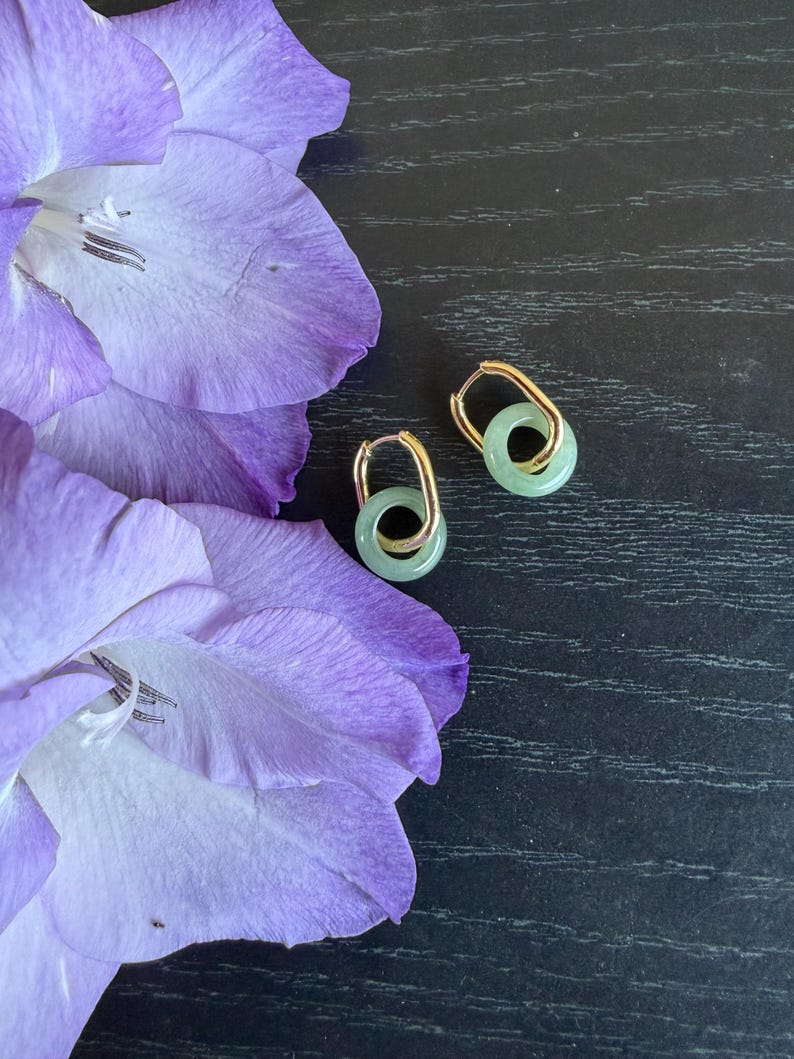 Minimalist Natural Green Jade Hoop Earrings | Gold Dangle Natural Stone Jewelry