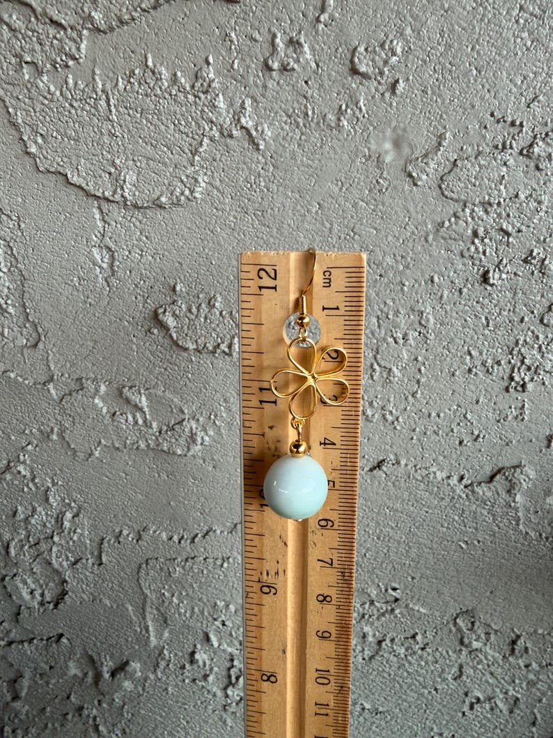 Handmade Light Green Jade Flower Earrings, Gold Tone Floral Drop Jewelry