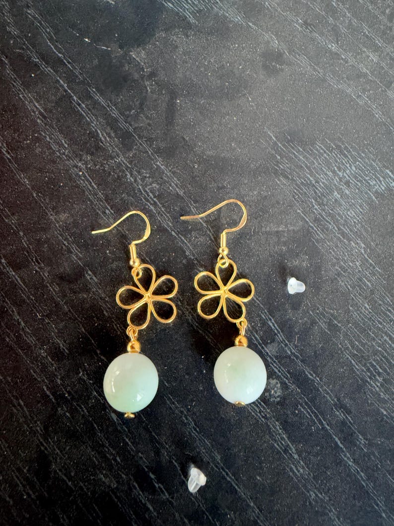 Handmade Light Green Jade Flower Earrings, Gold Tone Floral Drop Jewelry