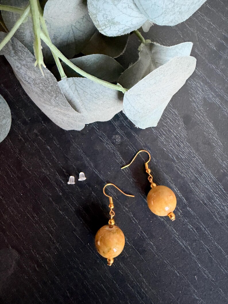 Handmade Yellow Jade Dangle Earrings, Gold Accents, Minimalist Gemstone Jewelry