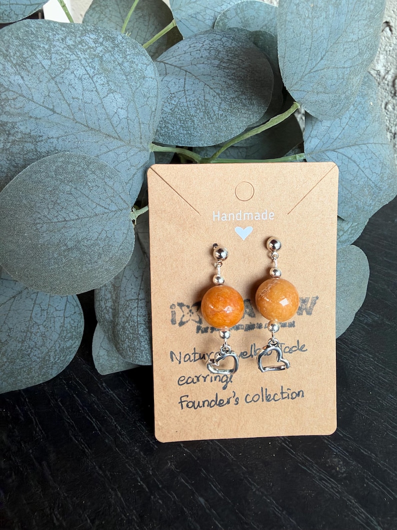 Natural Orange Jade Earrings, Heart Dangle Earrings, Handmade Gemstone Jewelry, Founder’s Collection
