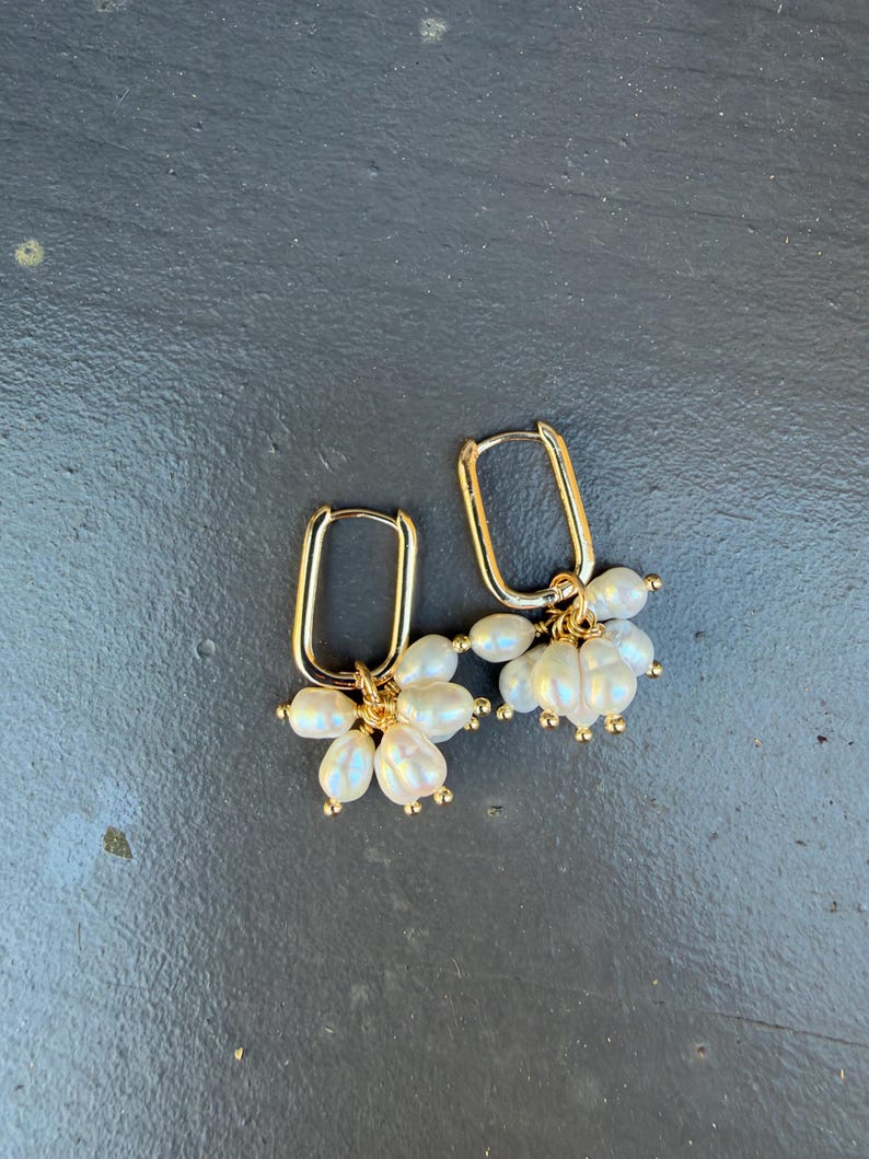 Cultured  Pearl Cluster Earrings, Gold Rectangle Hoop Dangle Earrings, Elegant Pearl Jewelry, Handmade Gift for Her