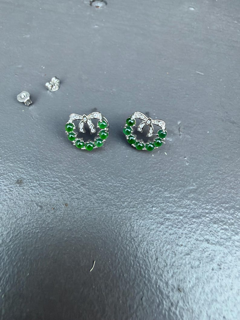 Natural Burmese Green Jade Stud Earrings, Bow Wreath Design, Silver Tone Jade Jewelry, Elegant Gift for Her, Christmas Gift