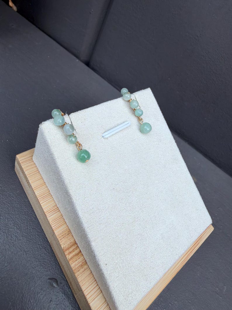 Natural Burmese Green Jade Drop Earrings, Light Green Jade Bead Dangle Earrings, Gold Tone Jewelry, Elegant Gift for Her