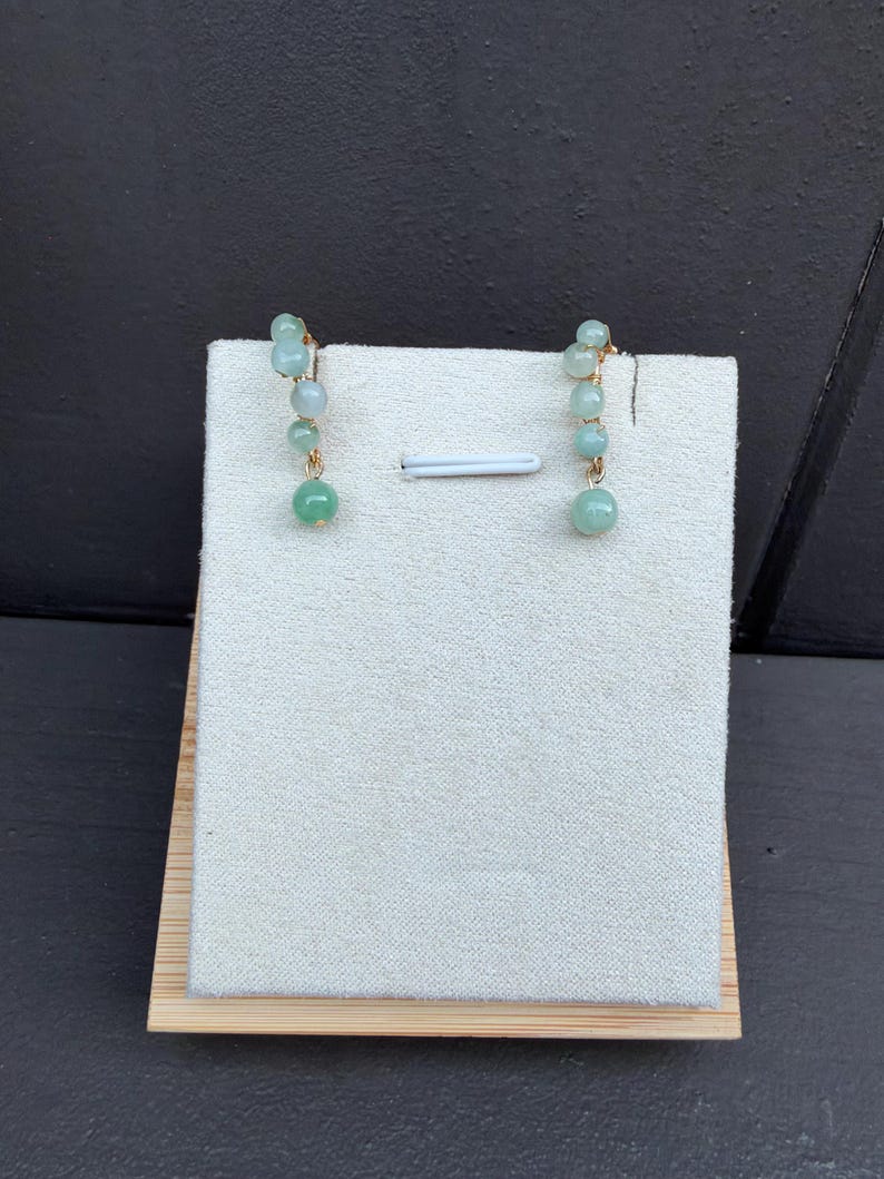 Natural Burmese Green Jade Drop Earrings, Light Green Jade Bead Dangle Earrings, Gold Tone Jewelry, Elegant Gift for Her