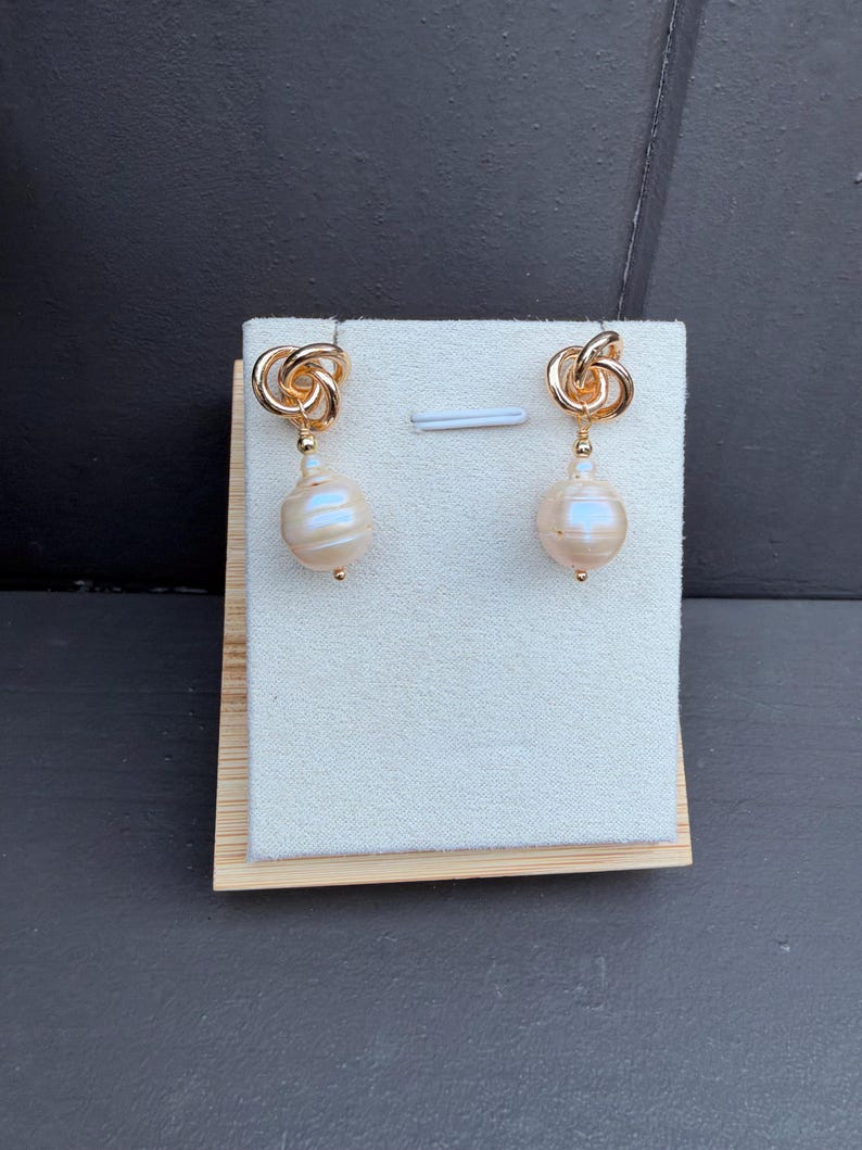 Baroque Cultured Pearl Drop Earrings, Gold Tone Knot Stud Earrings, White Freshwater Pearl Jewelry, Elegant Gift for Her