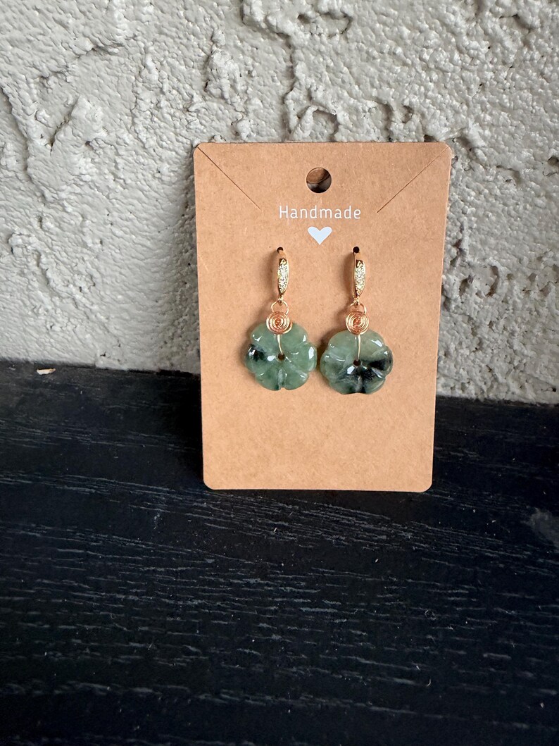 Natural Handmade Burmese Jade  Flower Dangle Earrings, Gold Tone Wire Wrapped, Nature-Inspired Jewelry