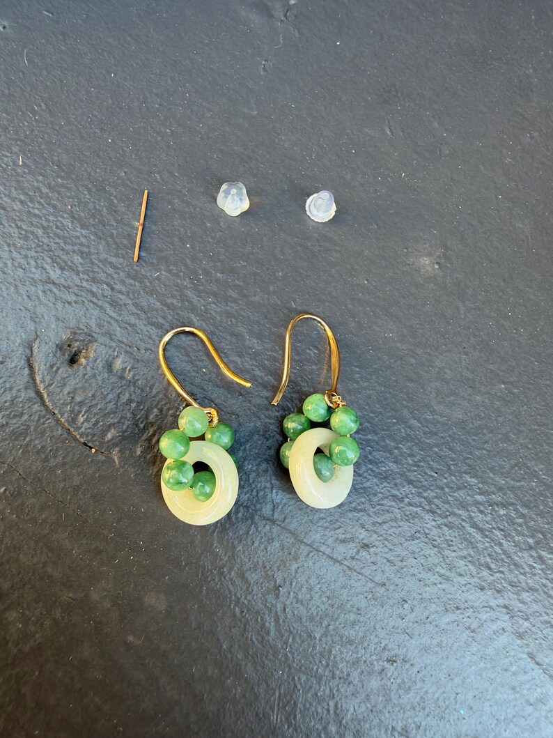 Natural Burmese Jade Drop Earrings, Green Jade Bead Dangle Earrings, Light Green Jade Jewelry, Gold Tone Hook Earrings, Gift for Her