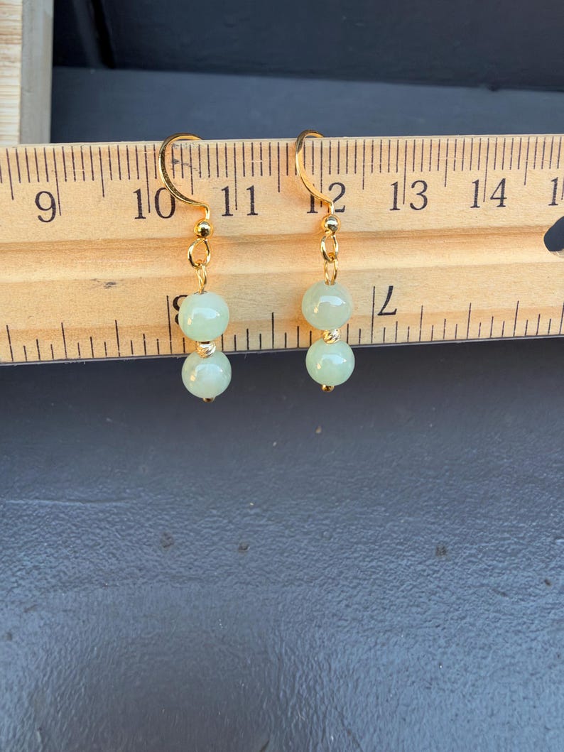 Natural Burmese Light Green Jade Earrings, Double Jade Bead Drop Earrings, Gold Tone Dangle Earrings, Handmade Jade Jewelry, Gift for Her
