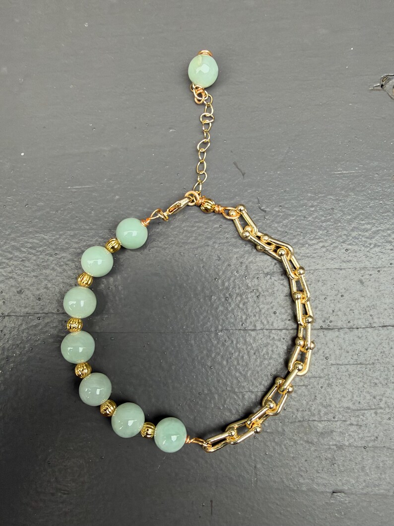 Natural Burmese Jade Bracelet, Light Green Jade Beads, Gold Tone Chain Bracelet, Handmade Jade Jewelry, Elegant Gift for Her